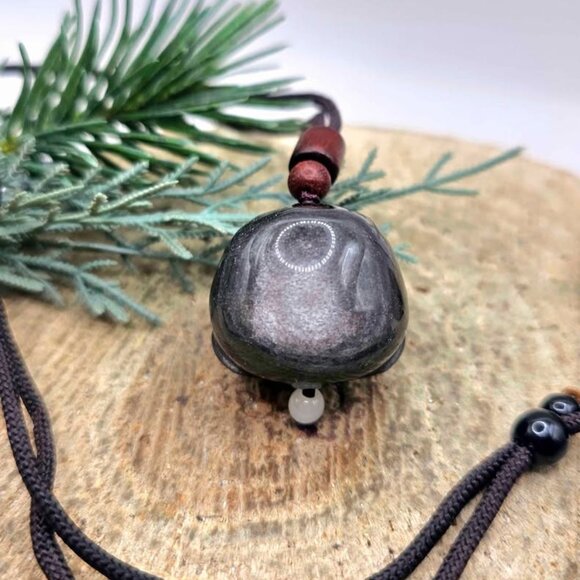 Nature Silver Obsidian Cat Eye Flash Daruma Doll Pendant Necklace - Picture 2 of 10